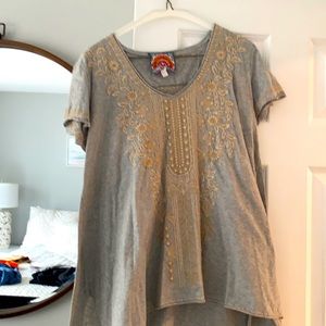 Grey with tan embroidery, barely worn